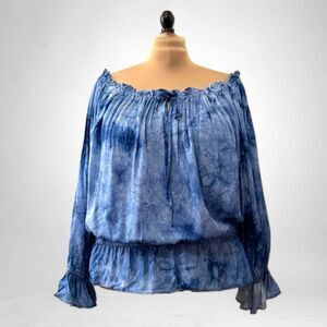 ee:some Tie Front Long Sleeve Blue & White Tie Dye Peasant Blouse, NWT! Size 1X